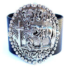 Wide Medallion Cowboy Western Salvation Horse Cross Prayer Black Band Bracelet